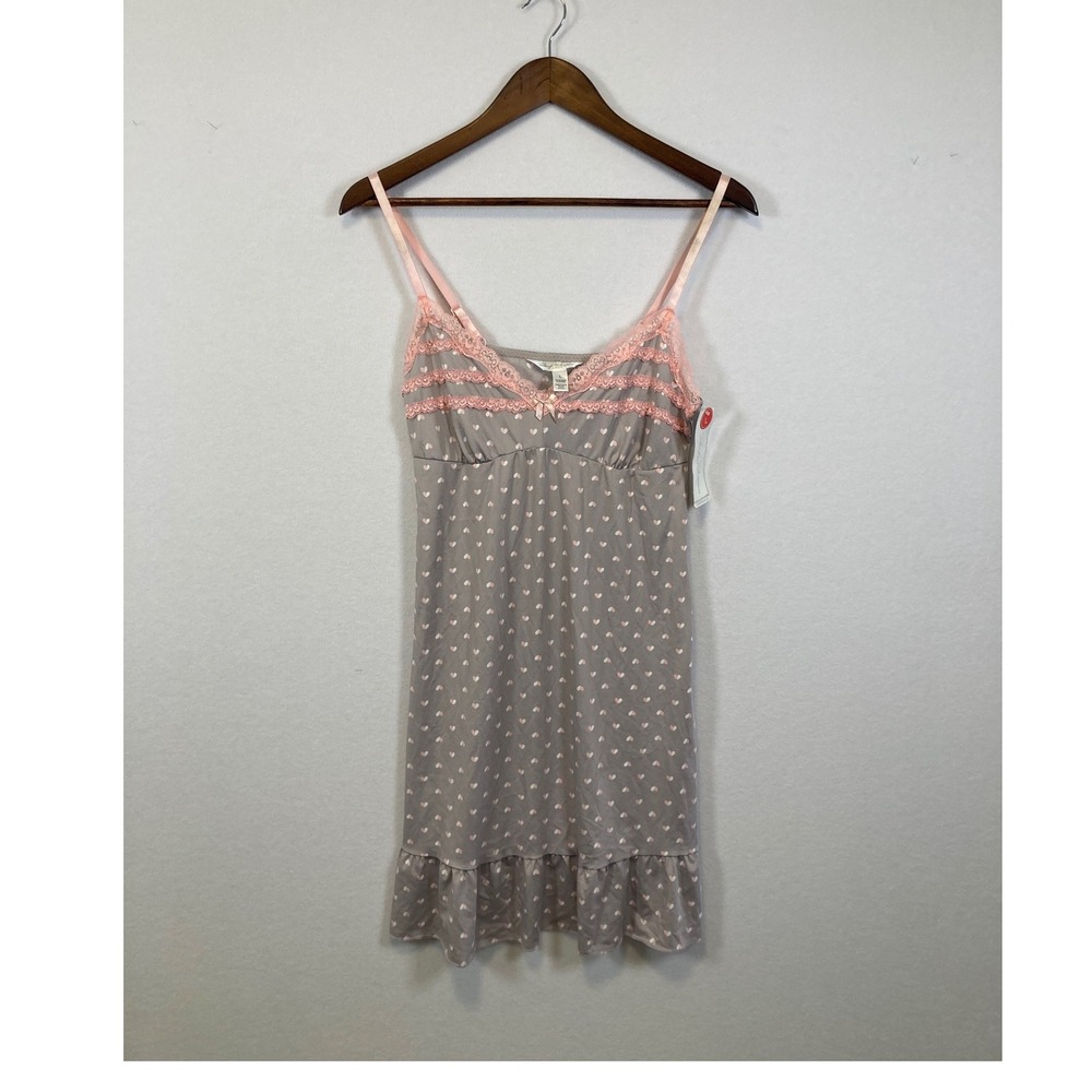 NWT Marilyn Monroe Women's Gray Pink Hearts Lace‎ Trim Cami Slip L